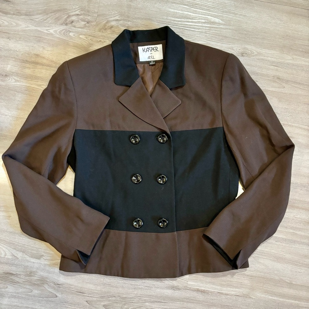 Kasper For ASL Blazer Jacket Womens 8 Black Brown Double Breasted Buttons Rayon
